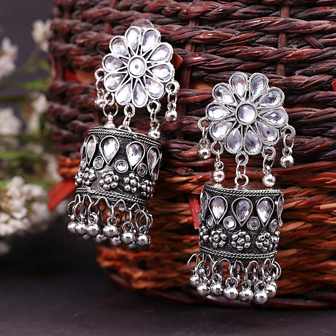 Kairangi Oxidised Earrings for Women Traditional Silver Oxidised Floral Design Dome Jhumka/Jhumki Earrings for Women and Girls