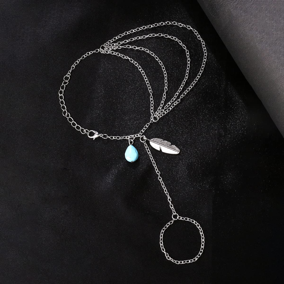 Yellow Chimes Hand Chain For Women Multilayer Silver Plated Blue Stone Feather Charm Hanging Hand Chain For Women and Girls