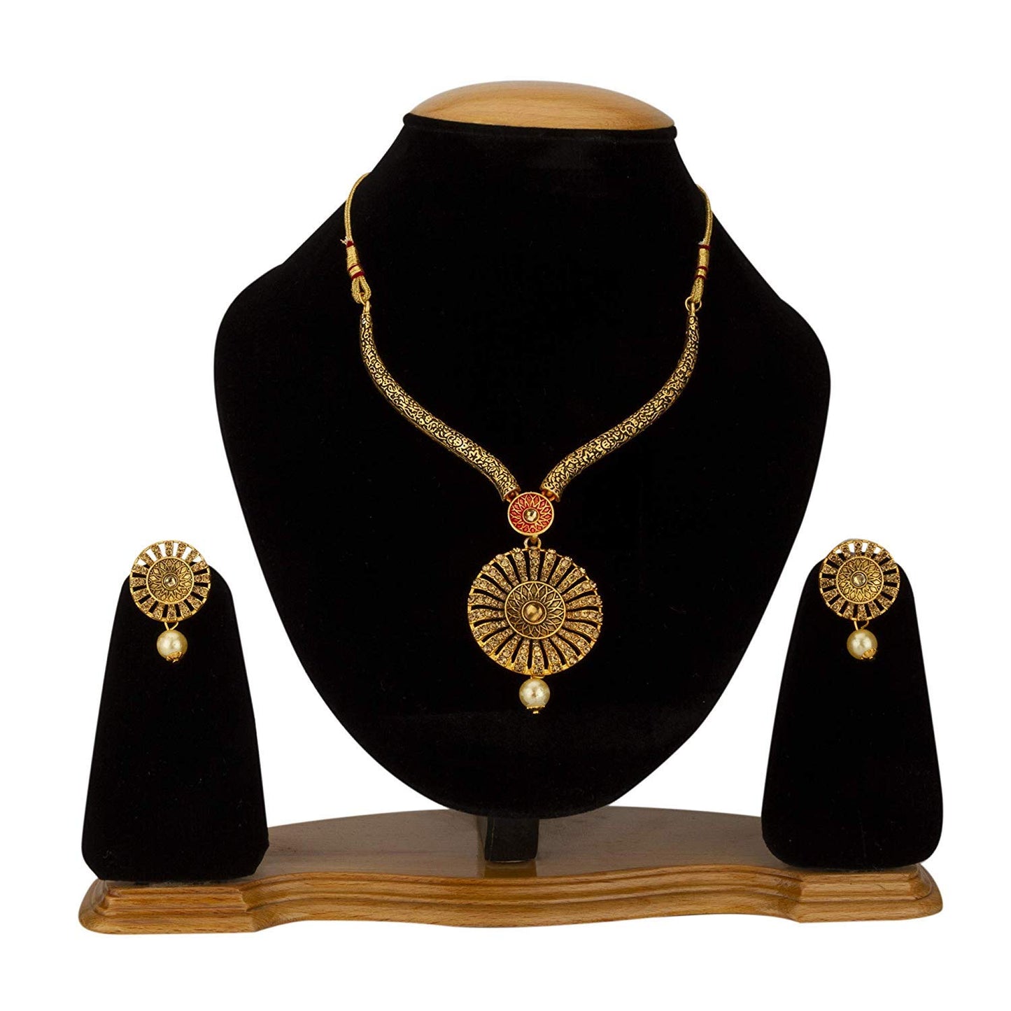 Yelo Chimes Latest Modern Floral Design Pearl Kundan German Oxidized Gold Plated Necklace With Earrings For Women