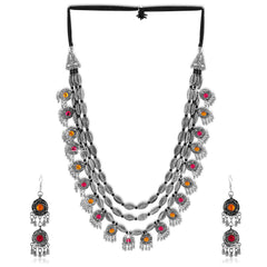 Yellow Chimes Jewellery Set for Women and Girls Traditional Silver Oxidised Jewellery Set Multicolor Necklace Set for Women | Statement Style Afghani Multilayer Oxidized Necklace Set | Birthday Gift For Girls and Women Anniversary Gift for Wife