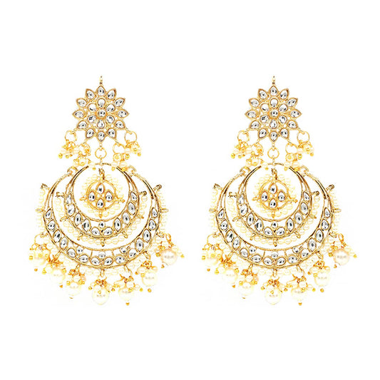 Yellow Chimes Ethnic Gold Plated Traditional Kundan Studded Flower Design Beads Chandbali Earrings for Women and Girls, Medium (YCTJER-08KUDCHD-GL)