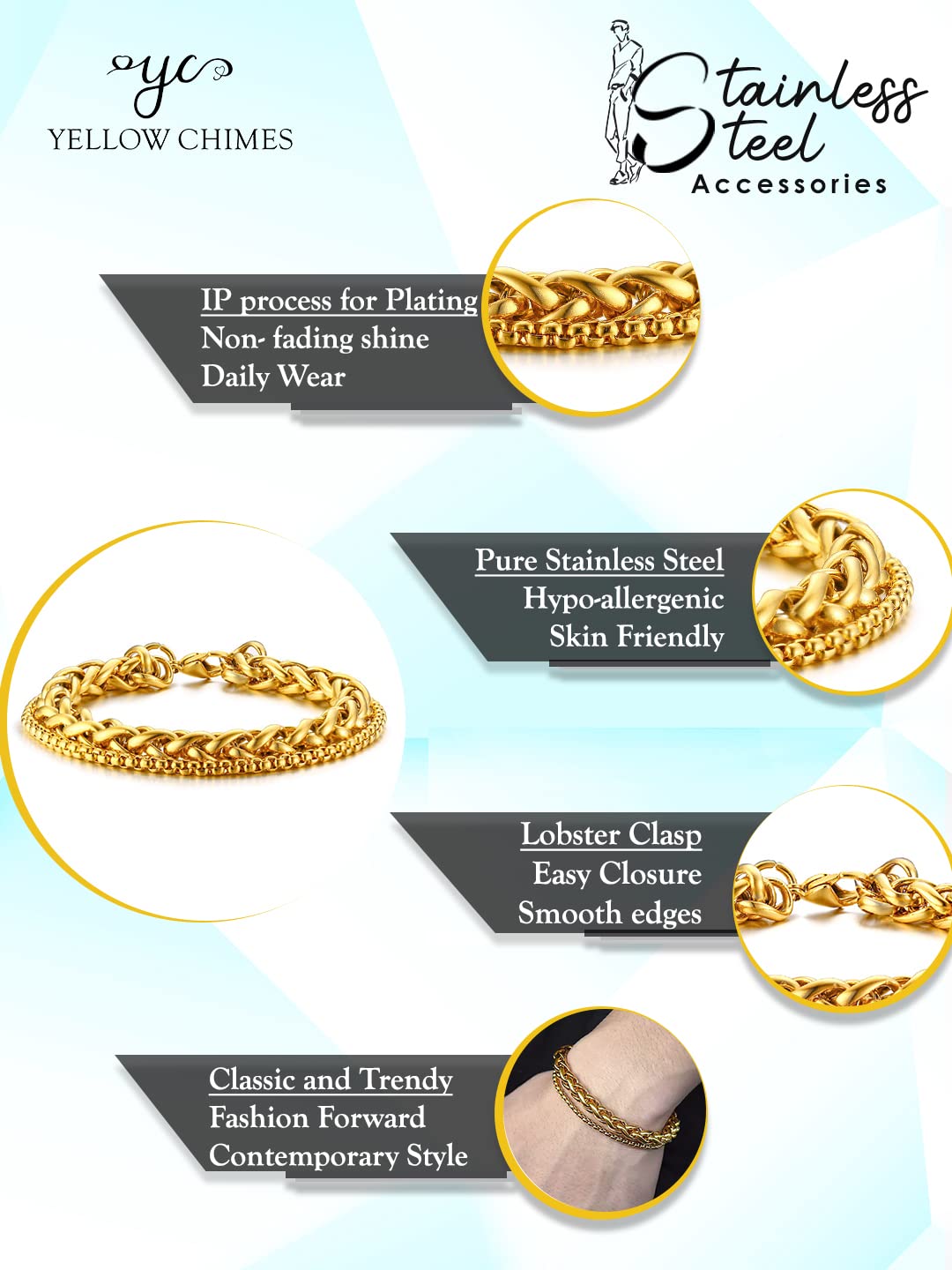 Yellow Chimes Bracelet for Men Stainless Steel Double Layer Figaro Golden Chain Bracelet for Men and Boys