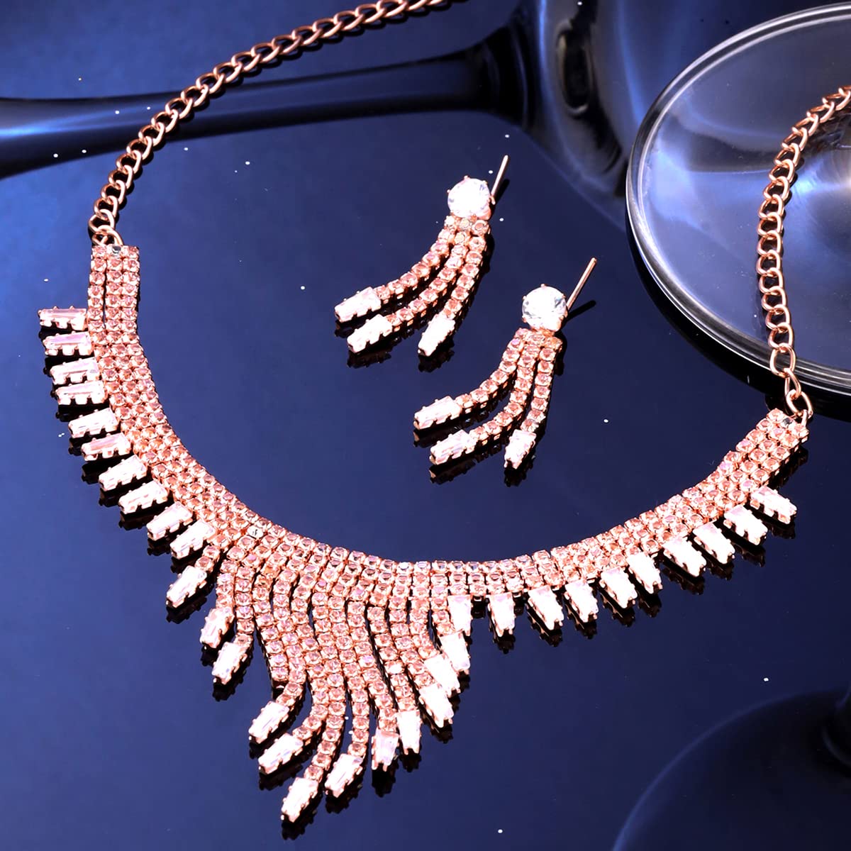 Yellow Chimes Jewellery Set for Women & Girls White Crystal Jewellery Set for Women Rose Gold Plated Tassel Drop Designed Choker Necklace Set | Birthday Gift for Girl & Women Anniversary Gift for Wife