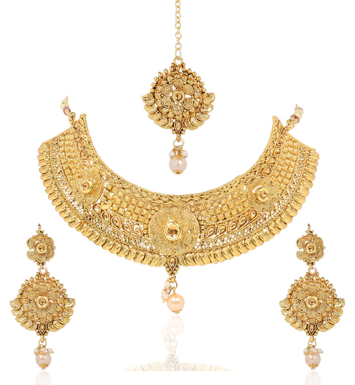 Yellow Chimes Gold Plated Traditional Flower Designer Studded pearl Choker Necklace, Earring & Maang Tikka Set Necklace set Necklace Jewellery Set For Women & Girls