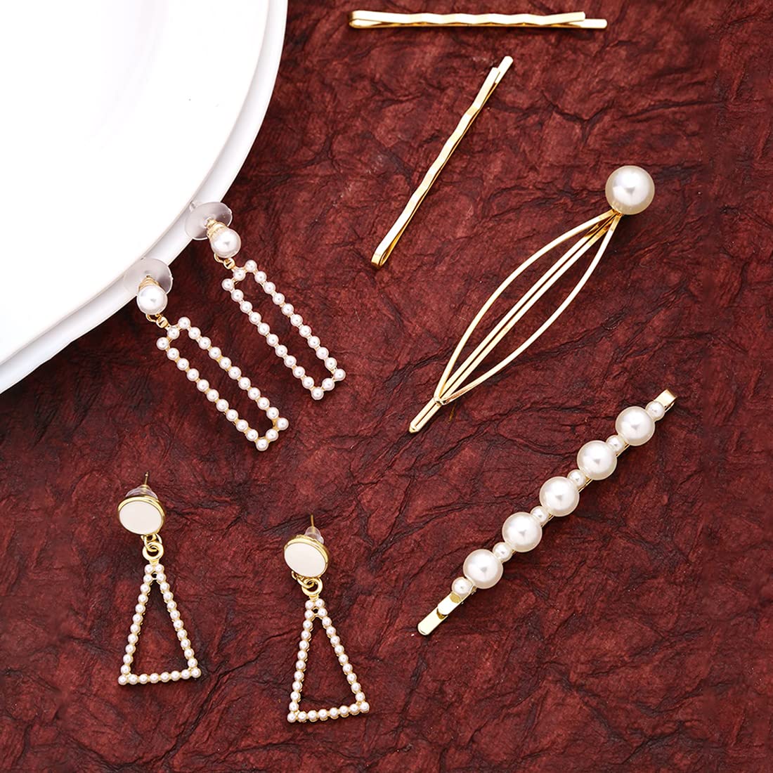 Yellow Chimes Combo of 2 Pairs Gold Plated Geometric Shape Pearl Design Drop Earrings and Hair Clip Set for Women and Girls, Medium (YCFJER-18GEOMPRL-C-GL)