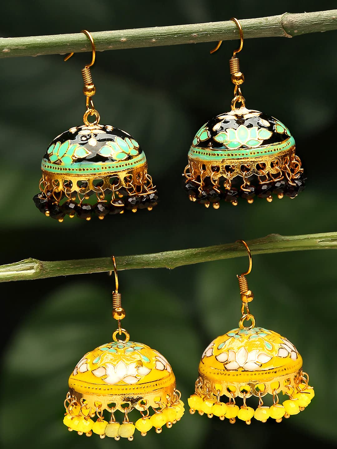 Yellow Chimes Meenakari Jumka Earrings with Ethnic Design Gold Plated Traditional Beads Combo of 2 pair for Women and Girls