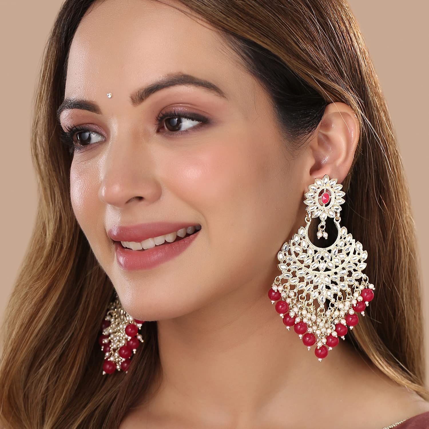 Yellow Chimes Earrings for Women and Girls Kundans Chandbali | Gold Plated Kundan Studded Red Beads Drop Earrings | Birthday Gift for girls and women Anniversary Gift for Wife