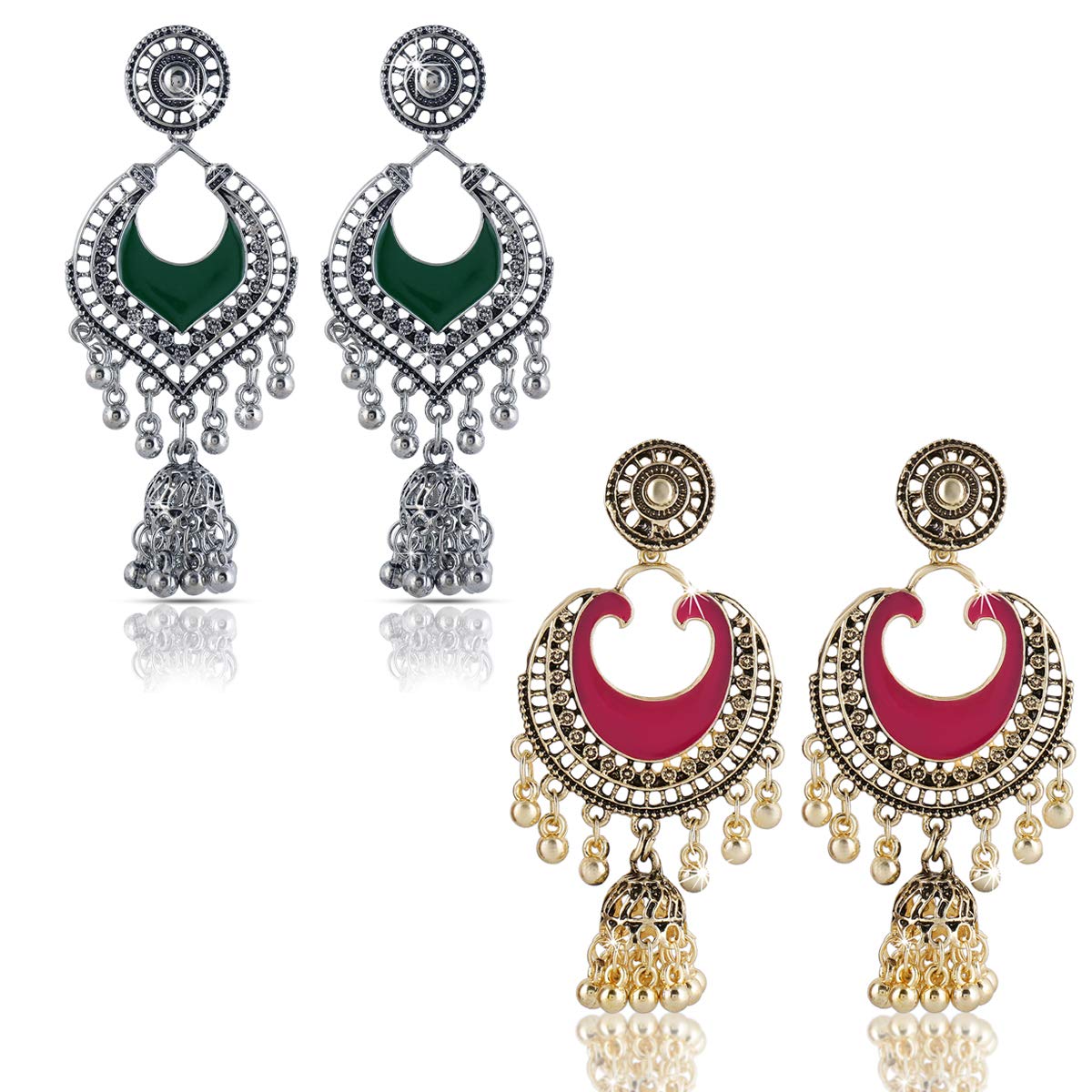 Yellow Chimes German Silver Oxidized Combo Of 2 Pair Ethnic Celebrity Choice Meenakari Touch Designer Chandbali Traditional Jhumka/Jhumki Earrings for Women