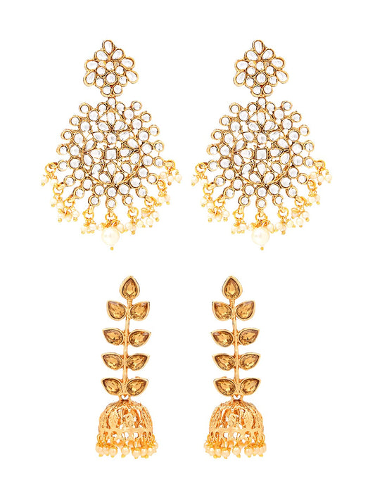 Yellow Chimes Ethnic Gold Plated combo of two pairs Kundan Studded Leaf Design Pearl Moti Jhumka and Dangler Earrings for Women and Girls, Medium (YCTJER-7KUDJUM-C-GL)