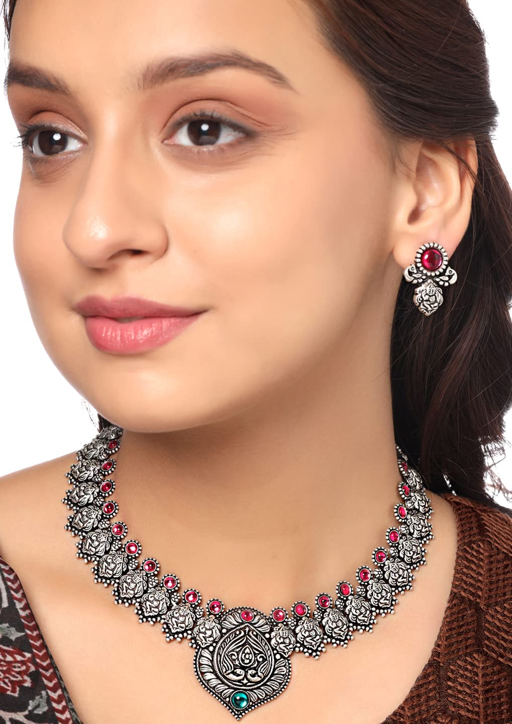 Yellow Chimes Oxidised Jewellery Set for Women Authentic Kolhapuri Work Handmade Silver Pink Kundan Choker Necklace Sets for Women and Girls.