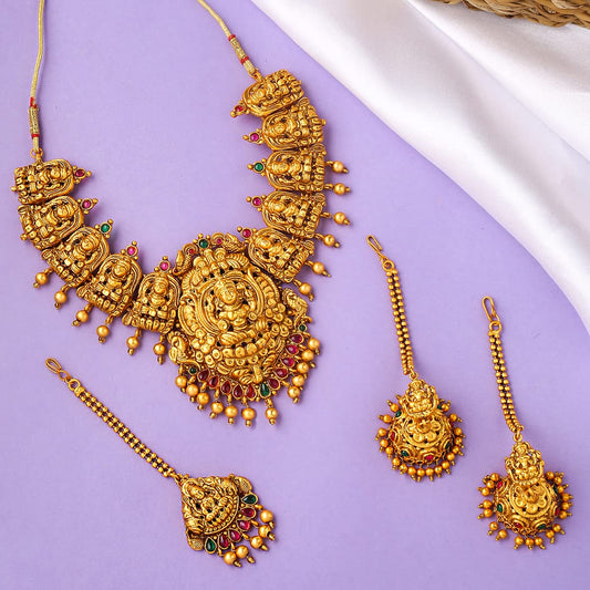 Yellow Chimes Jewellery Set for Women Gold Plated Traditional Temple Jewellery Set Antique Necklace Set with Earrings and Maangtikka for Women and Girls