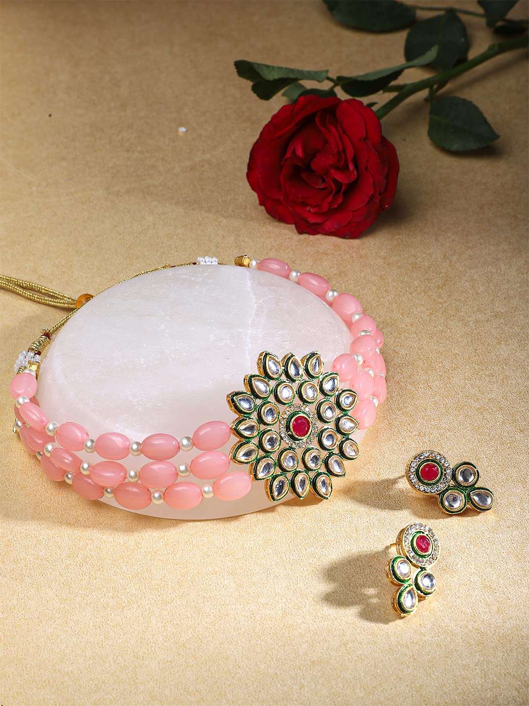 Rubans Gold Plated Kundan Studded Necklace With Pastel Pink Beads.