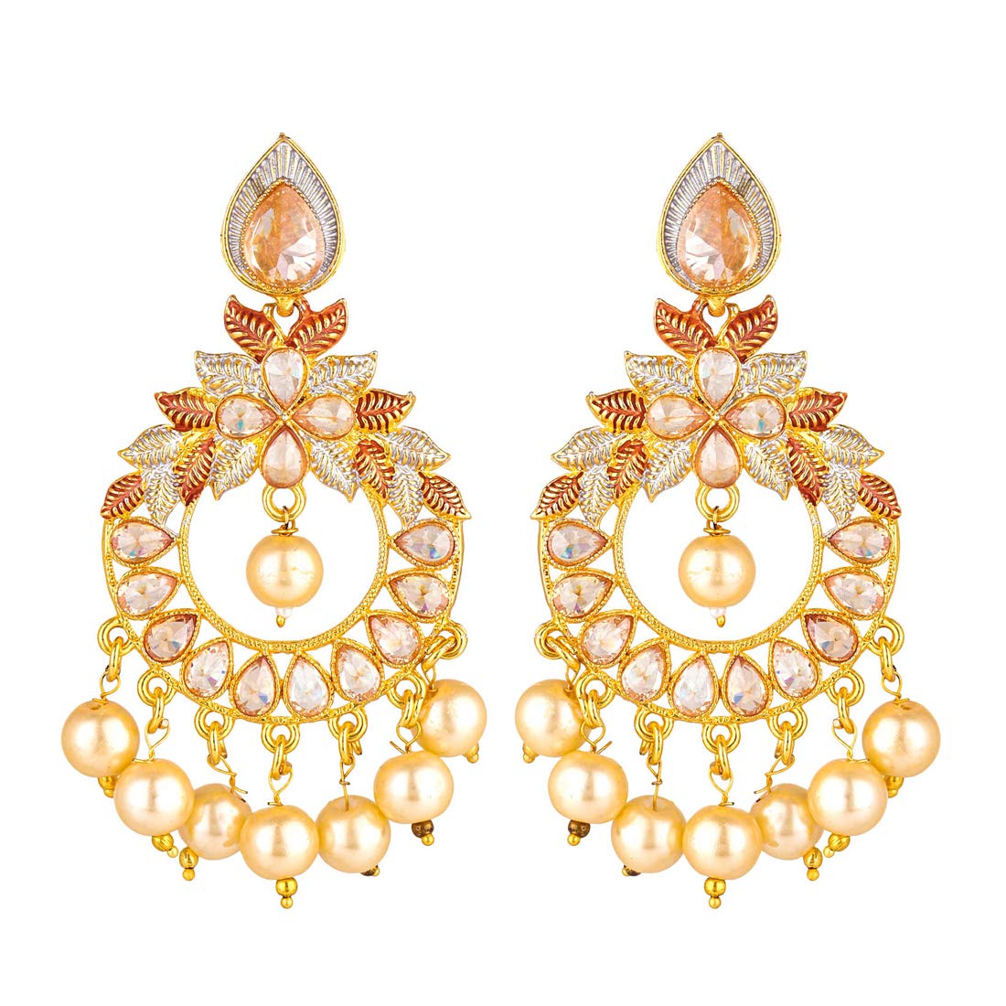 Yellow Chimes Peacock Style Pearl Drops Kundan Chandbali Traditional Earrings for Women and Girls