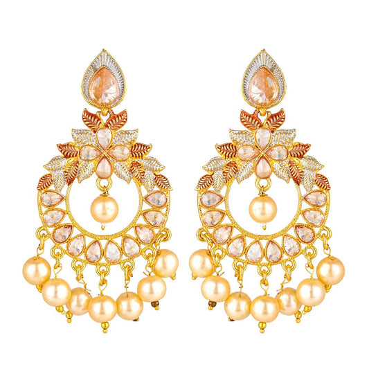 Yellow Chimes Peacock Style Pearl Drops Kundan Chandbali Traditional Earrings for Women and Girls