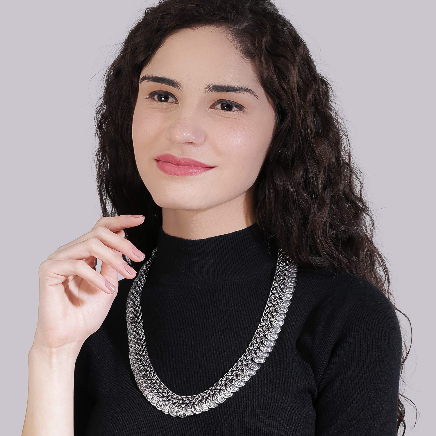 Yellow Chimes Oxidised Long Chain Necklace for Women Silver Oxidised Jewellery Traditional Coins Ethnic Fusion Long Chain Necklace for Women and Girls.