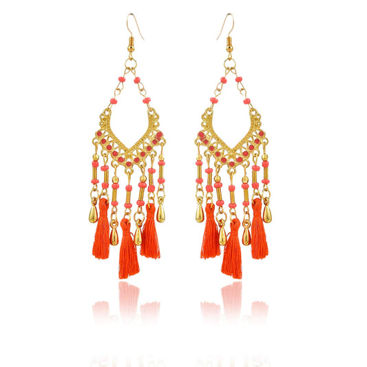 Yellow Chimes Fancy Party ware Beads Fabric Tassel Earring for Women And Girls