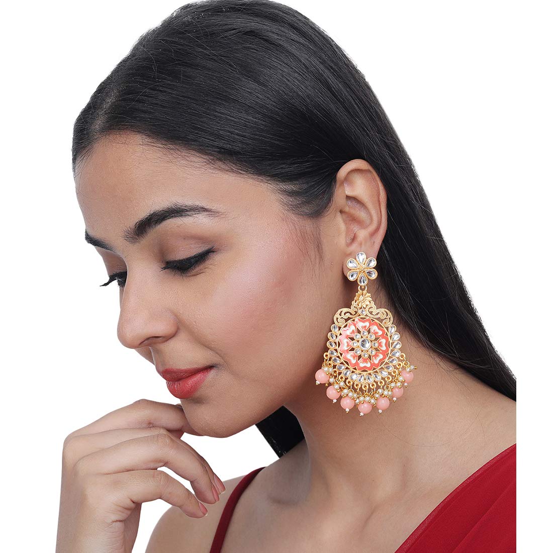 Yellow Chimes Ethnic Gold Plated Kundan Studded Pearl Dangler Earrings for Women and Girls, medium (YCTJER-626MFLW-PCH), gold, peach