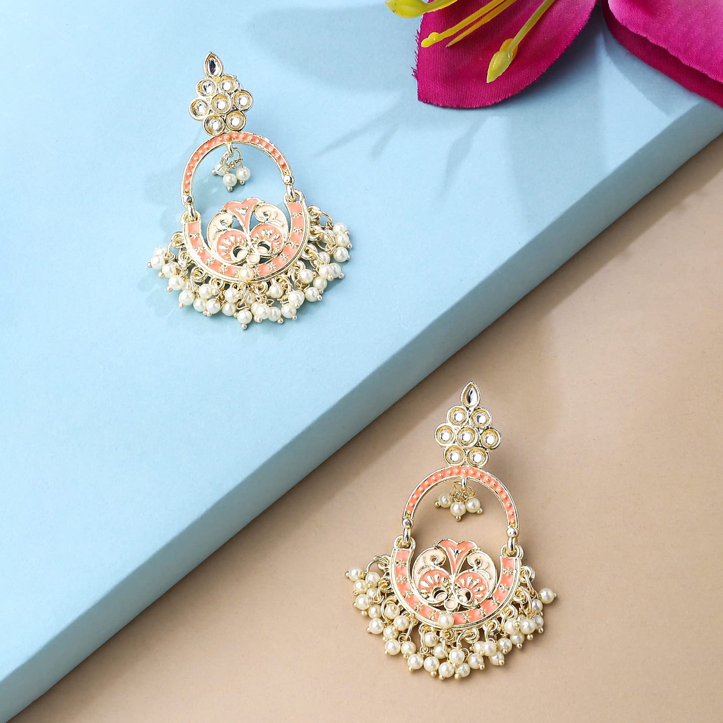 Yellow Chimes Earrings for Women and Girls Meenakari Chandbali | Gold Plated Pink Meenakari Chandbali Earrings | Birthday Gift for girls and women Anniversary Gift for Wife