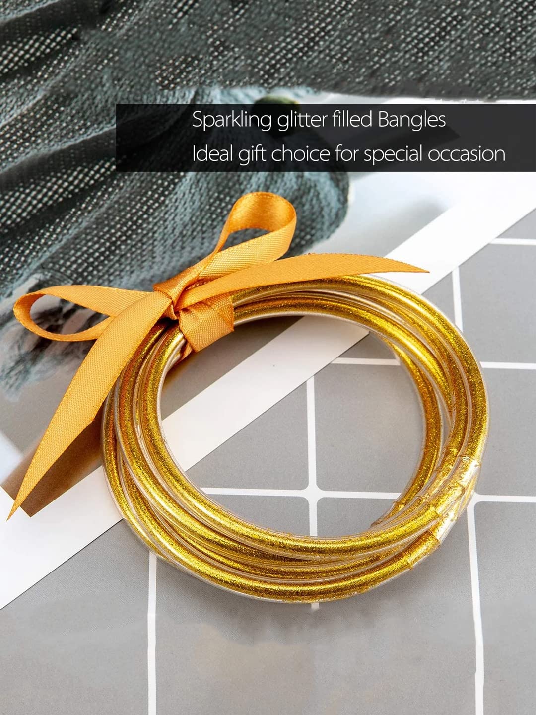 Yellow Chimes Glitter Bangles for Women Gold Glitter filled Jelly Silicone Bangles Set for Women and Girls