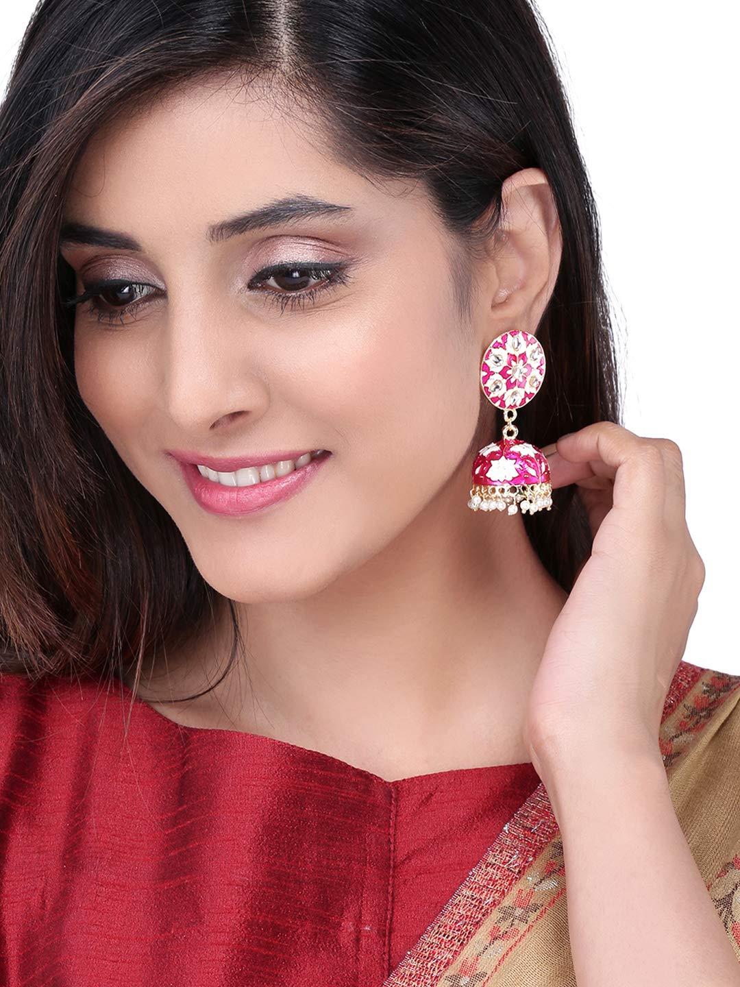 Yellow Chimes Earrings for Women & Girls | Traditional Pink Meenakari Jhumka | Gold Plated Kundan Jhumkas | Floral Jhumki Earrings | Birthday & Anniversary Gift