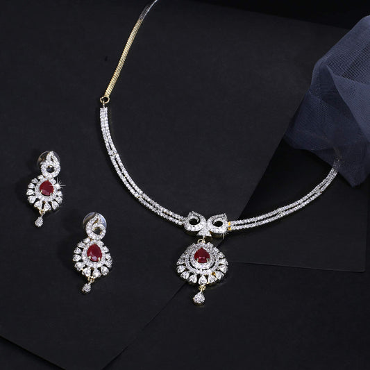 Yellow Chimes American Diamond Necklace Set For Women | Red and White Stone Gold plated Jewellery Set For Women | Diamond Necklace Set | Birthday Gift for Girls Anniversary Gift for Wife