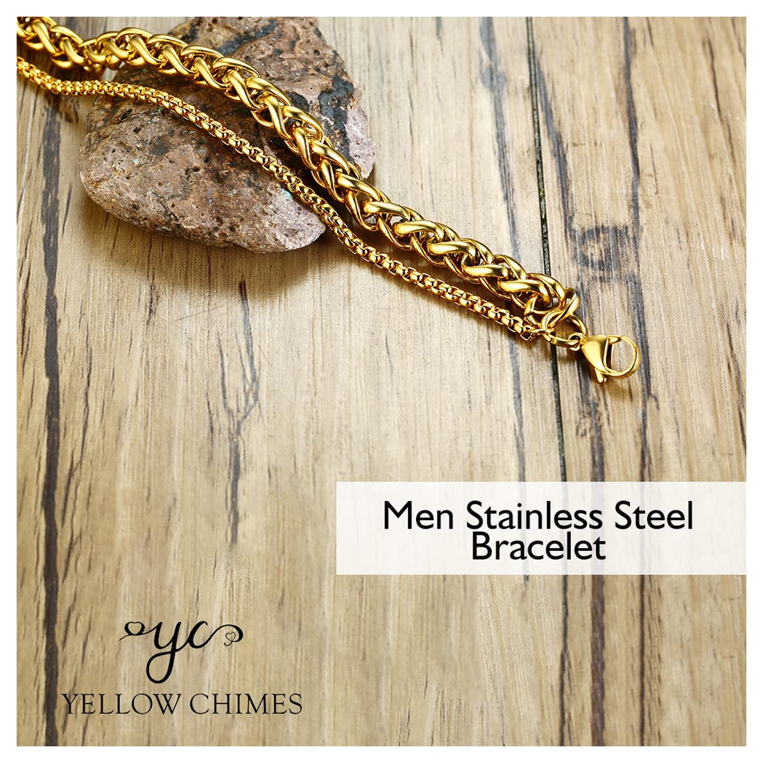 Yellow Chimes Bracelet for Men Stainless Steel Double Layer Figaro Golden Chain Bracelet for Men and Boys