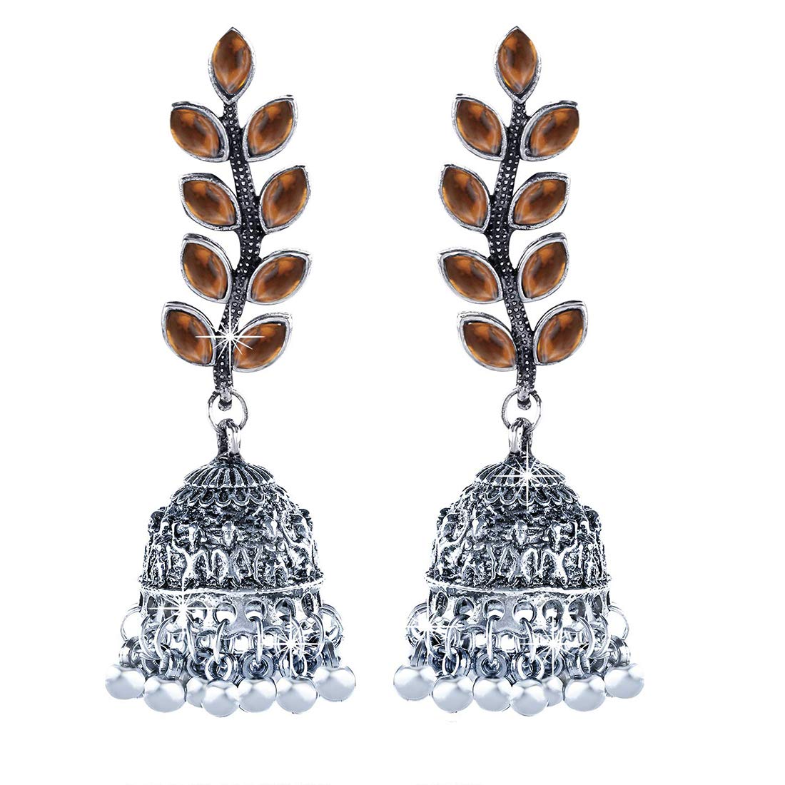 Yellow Chimes Stylish Leaf Wine Silver Oxidized Traditional Jhumka Earrings for Women and Girls (Orange)