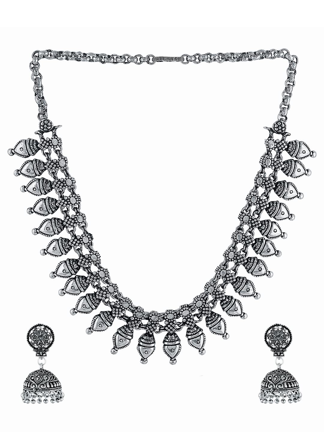 Yellow Chimes Ethnic German Silver Oxidised Coin Designed Choker Necklace Set with Earrings Traditional Jewellery Set for Women and Girls