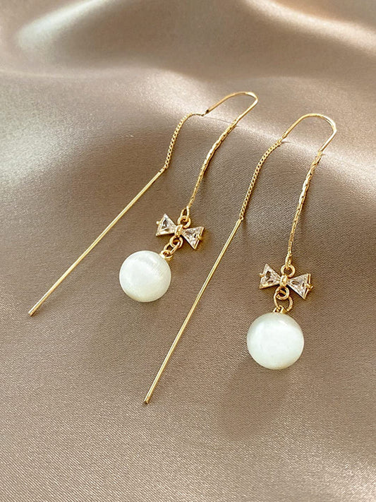 Yellow Chimes Earrings For Women Gold Tone Long Chain Tassel Bow Knot Shape Pearl Drop Earrings For Women and Girls