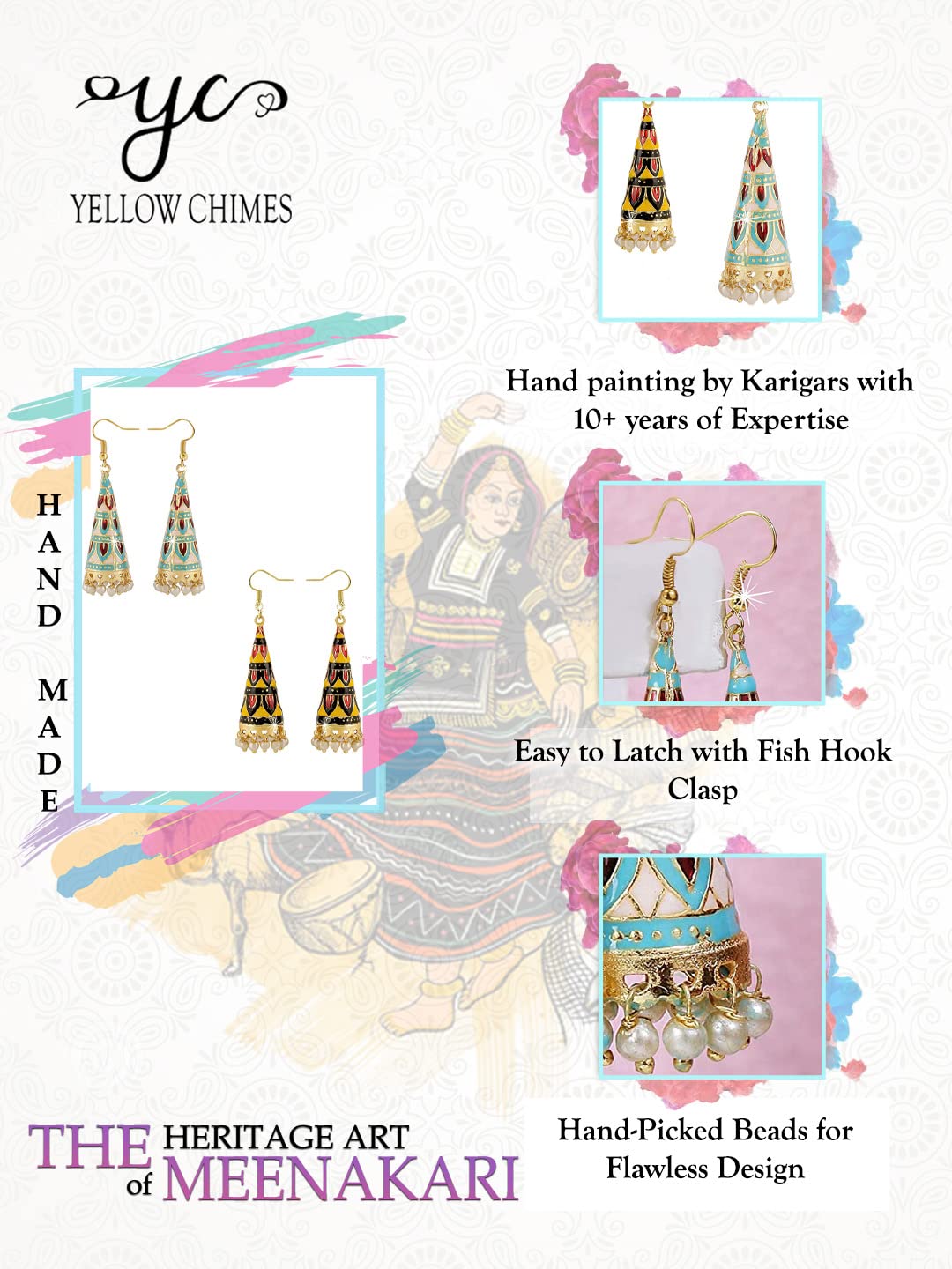 Yellow Chimes Earrings for Women and Girls | Traditional Handmade Multicolor Meenakari Jhumka | Gold Plated Jhumki Set | Jhumkas Earring Combo | Accessories Jewellery for Women | Birthday Gift for Girls and Women Anniversary Gift for Wife