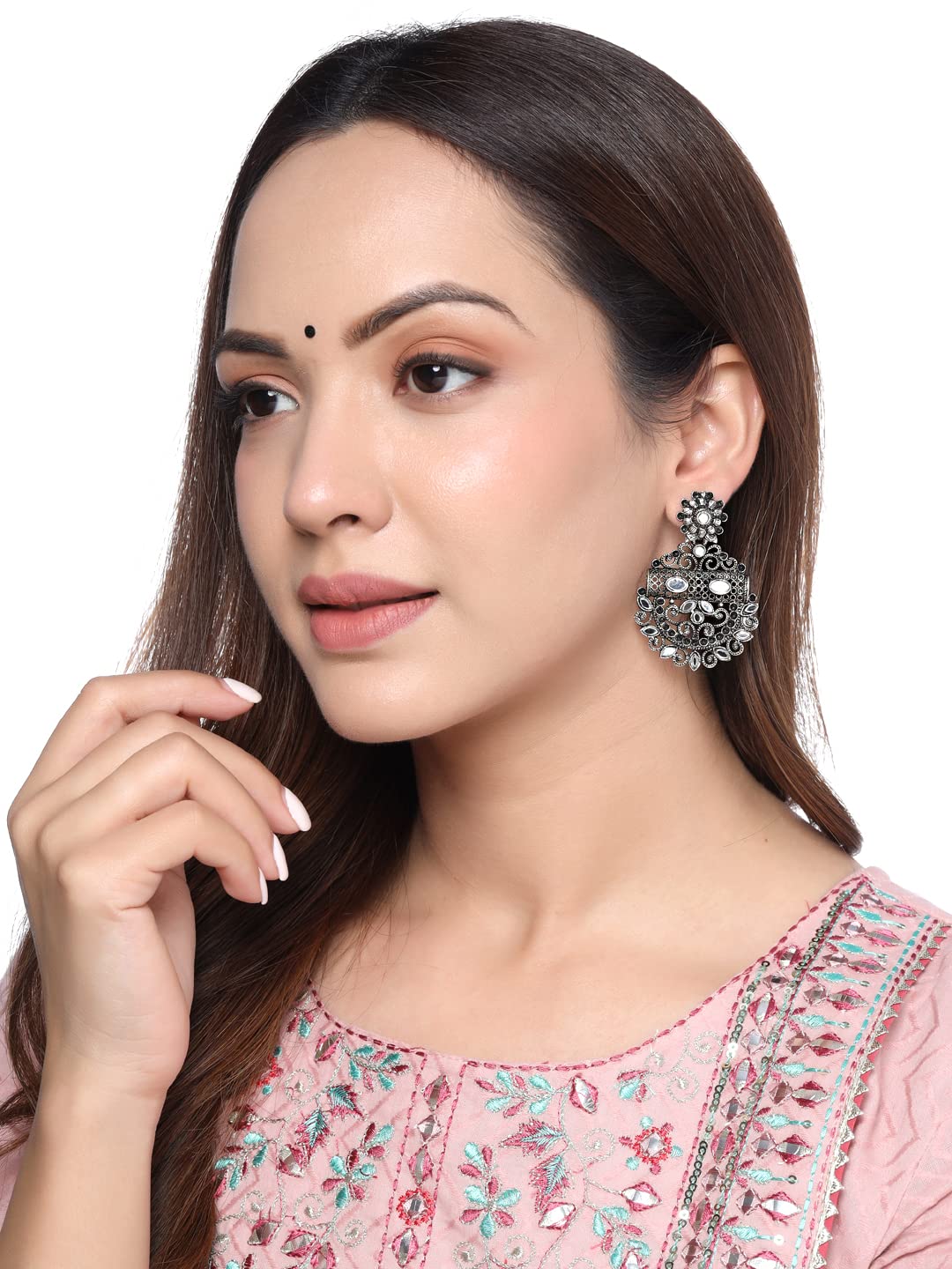 Yellow Chimes Earrings For Women Silver Toned Mirror Studded Chandbali Earrings For Women and Girls