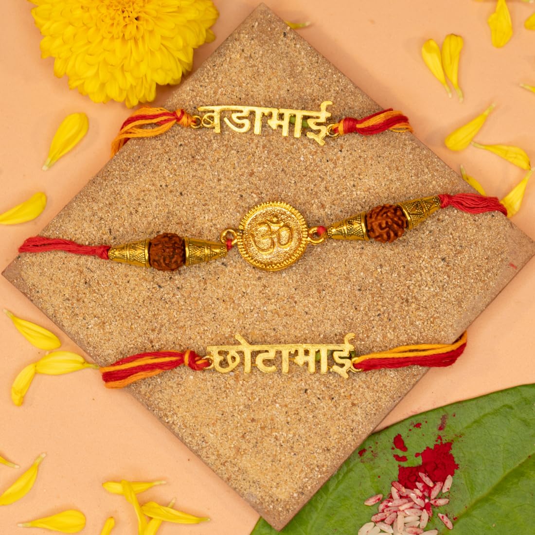 Yellow Chimes Rakhi for Brother | Combo of 3 Rakhi Set for Brother | Traditional Gold Plated Rakhi Set for Brother and Sister| Rakhi with Roli, Chawal and Greeting Card