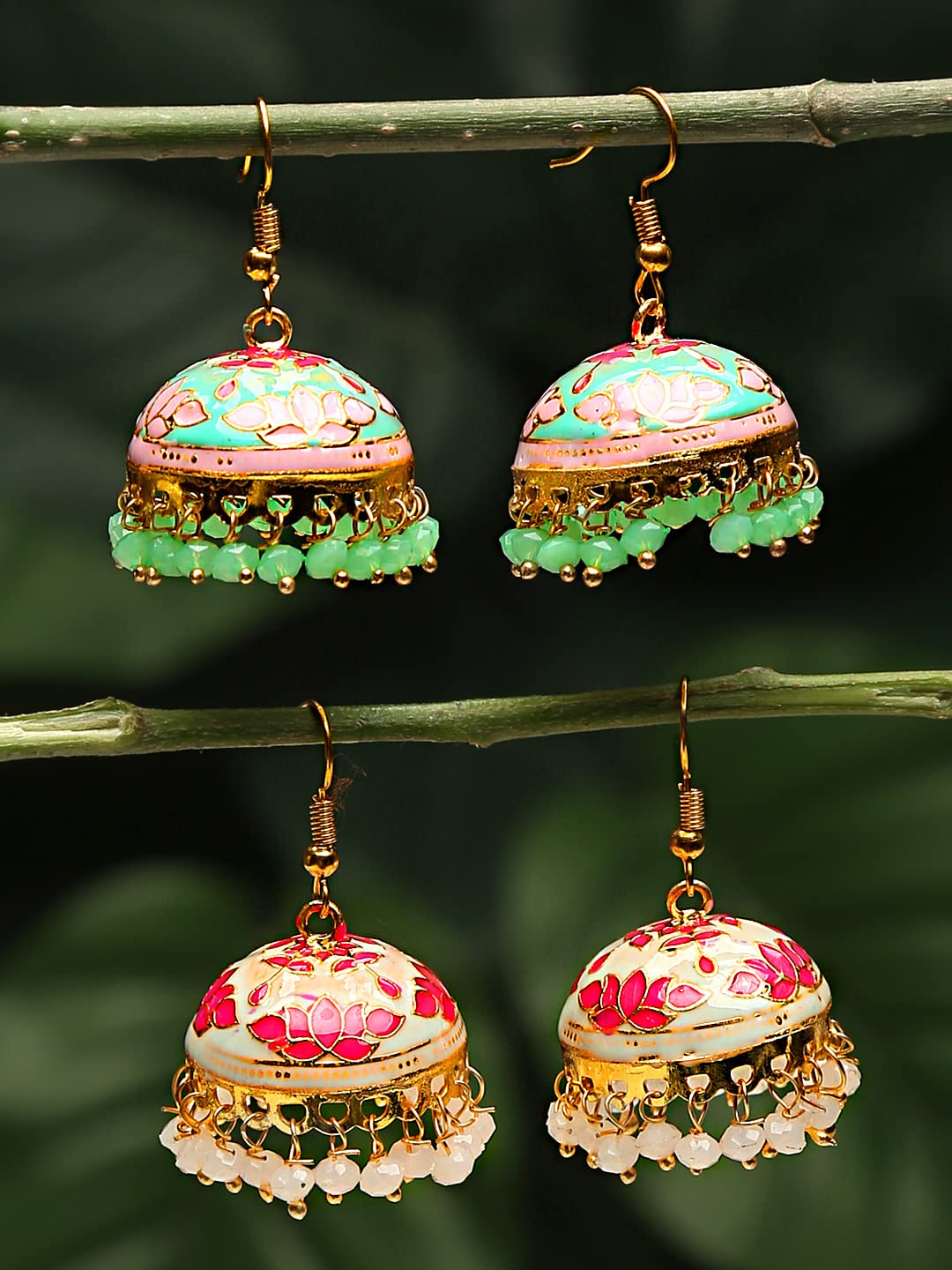 Yellow Chimes Meenakari Jumka Earrings with Ethnic Design Gold Plated Traditional Beads Combo of 2 pair for Women and Girls