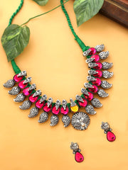 Yellow Chimes Oxidised Jewellery Set for Women Authentic Kolhapuri Work Handmade Silver Peacock Pink Kundan Choker Necklace Sets for Women and Girls.