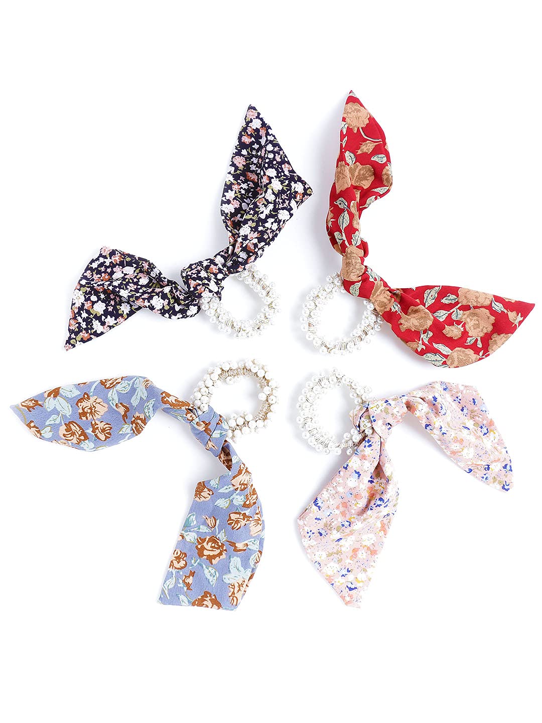 Yellow Chimes 4 Pcs Chiffon Soft Cloth 2 in 1 Design Printed Scrunchie Ponytail Holder with Bows Pearl Studded Hair Scrunchie Accessories for Women (Pack of 4), Multi-Color, Medium