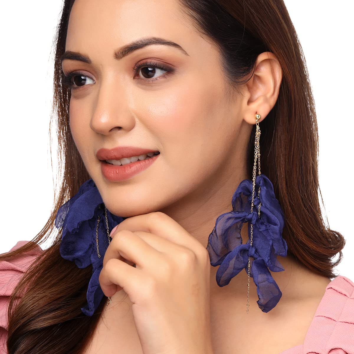 Yellow Chimes Earrings For Women Gold Tone Chain With Hanging Blue Color Petals Dangler Earrings For Women and Girls