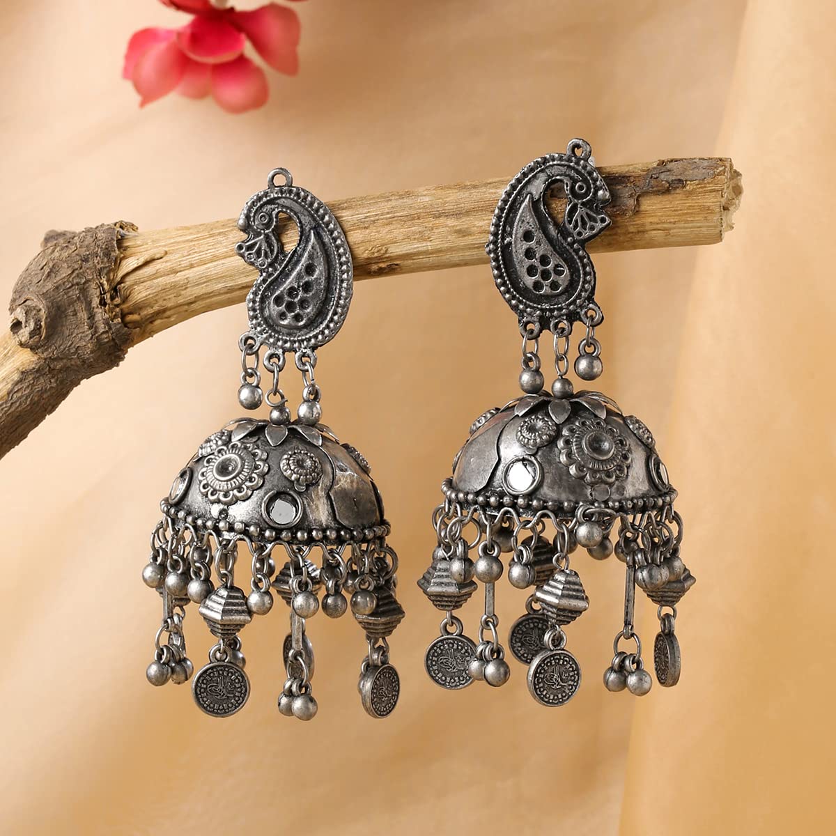 Yellow Chimes Earrings for Women and Girls Traditional Silver Oxidised Jhumka Earrings | German Silver Big Jhumki Earrings | Birthday Gift For girls and women Anniversary Gift for Wife