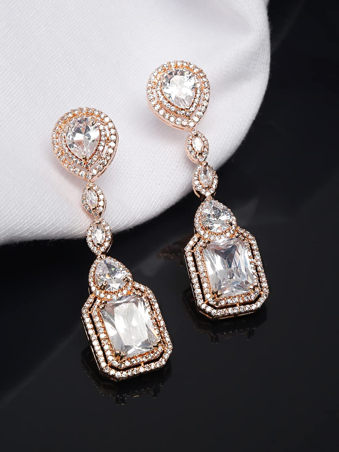 Yellow Chimes American Diamond Earrings for Women Rosegold Plated White American Diamond AD Studded Drop Earrings For Women and Girls