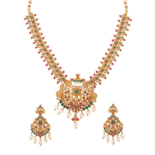Yellow Chimes Ethnic Gold Plated Temple Jewellery Set Traditional Floral Design Choker Necklace Set for Women and Girls, medium (YCTJNS-24TFLWPK-GL)