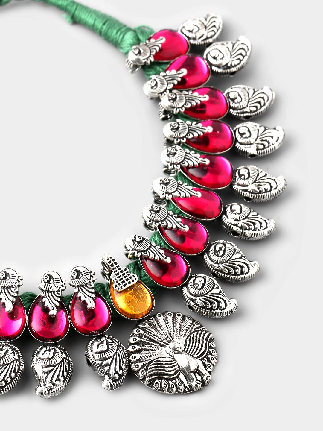 Yellow Chimes Oxidised Jewellery Set for Women Authentic Kolhapuri Work Handmade Silver Peacock Pink Kundan Choker Necklace Sets for Women and Girls.