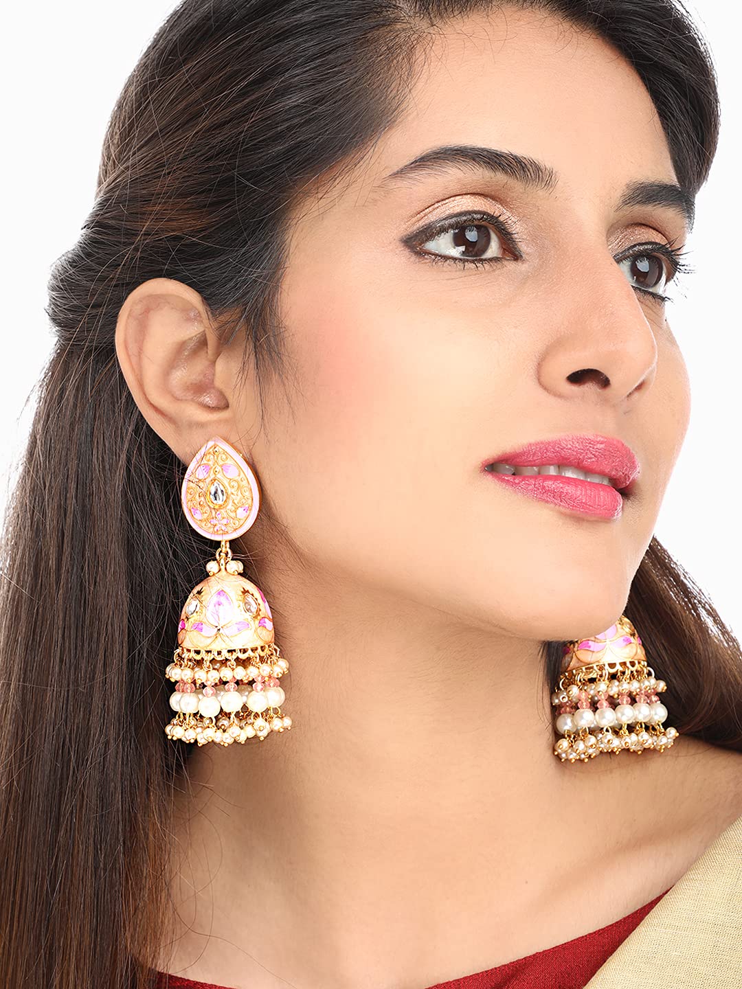 Yellow Chimes Ethnic Gold Plated Traditional Moti Beads Pink Meenakari Design Jhumka Earrings for Women and Girls, Medium (YCTJER-100MNKDOM-SPK)