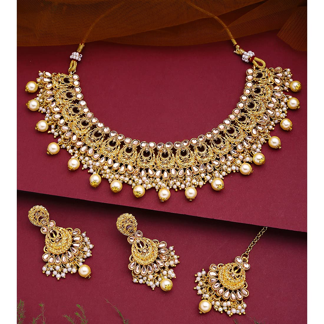 Yellow Chimes Ethnic Gold Plated Studded Kundan Beads Jewellery Set Traditional Choker Necklace Set with Earrings and maang Tikka for Women and Girls, Medium, YCTJNS-16DESGCK-GL