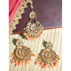 Yellow Chimes Ethnic Gold Plated Traditional Studded Stone Beads Meenakari Chandbali Earrings with Maangtikka for Women and Girls (Design 11)