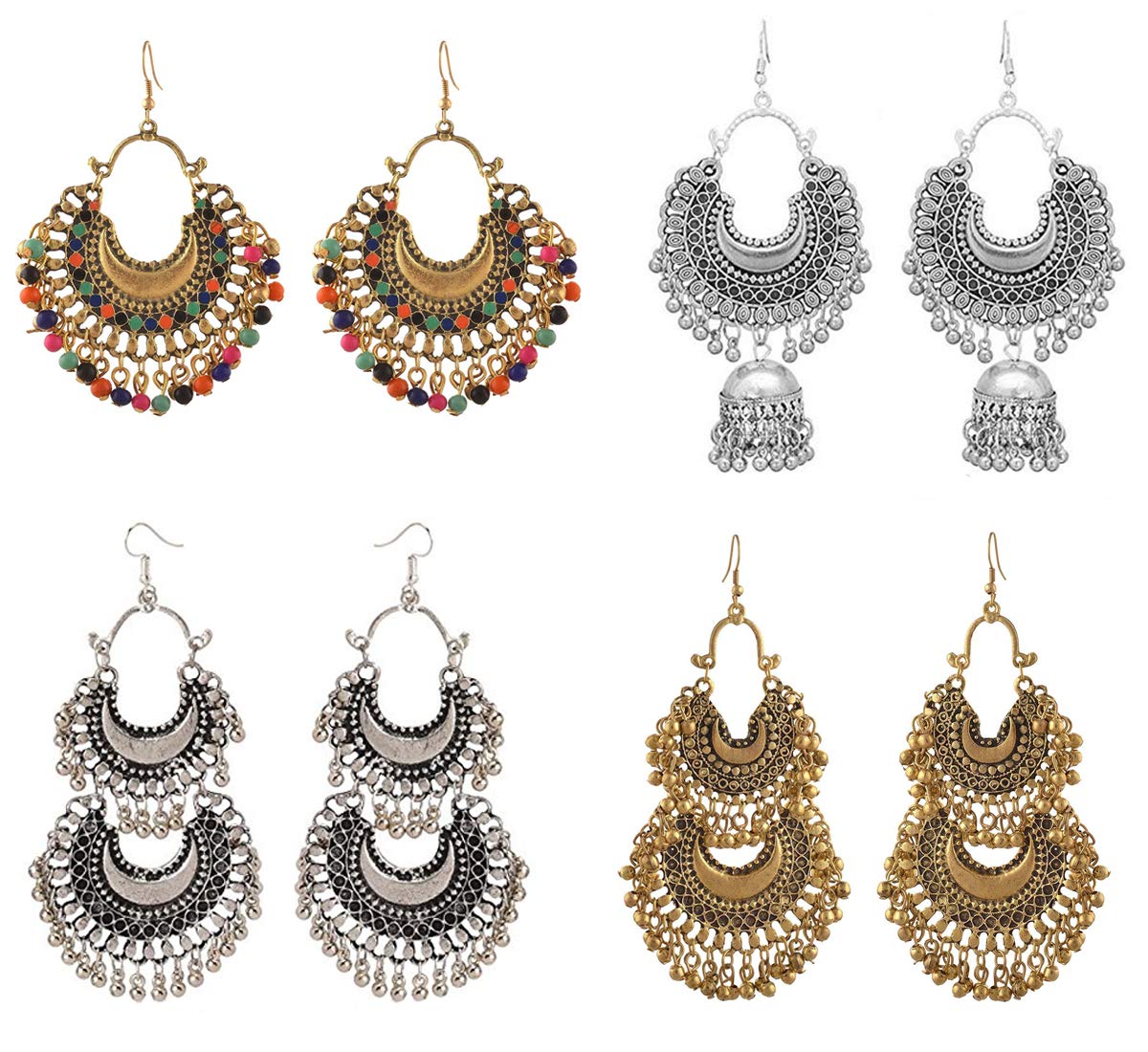 Yellow Chimes Chandbali Earrings for Women Silver Oxidised Chand bali Combo of 4 Pairs Afghani Style Traditional Jhumka Earrings for Women and Girls.