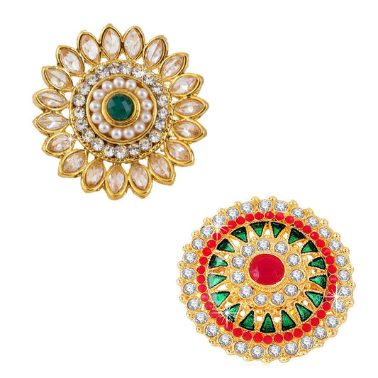 Yellow Chimes Rings for Women & Girls | Traditional Gold Plated 2 Pcs of Adjustable Kundan Stone Rings | Floral Shaped Finger Ring for Women | Birthday Gift for Girls & Women Anniversary Gift for Wife