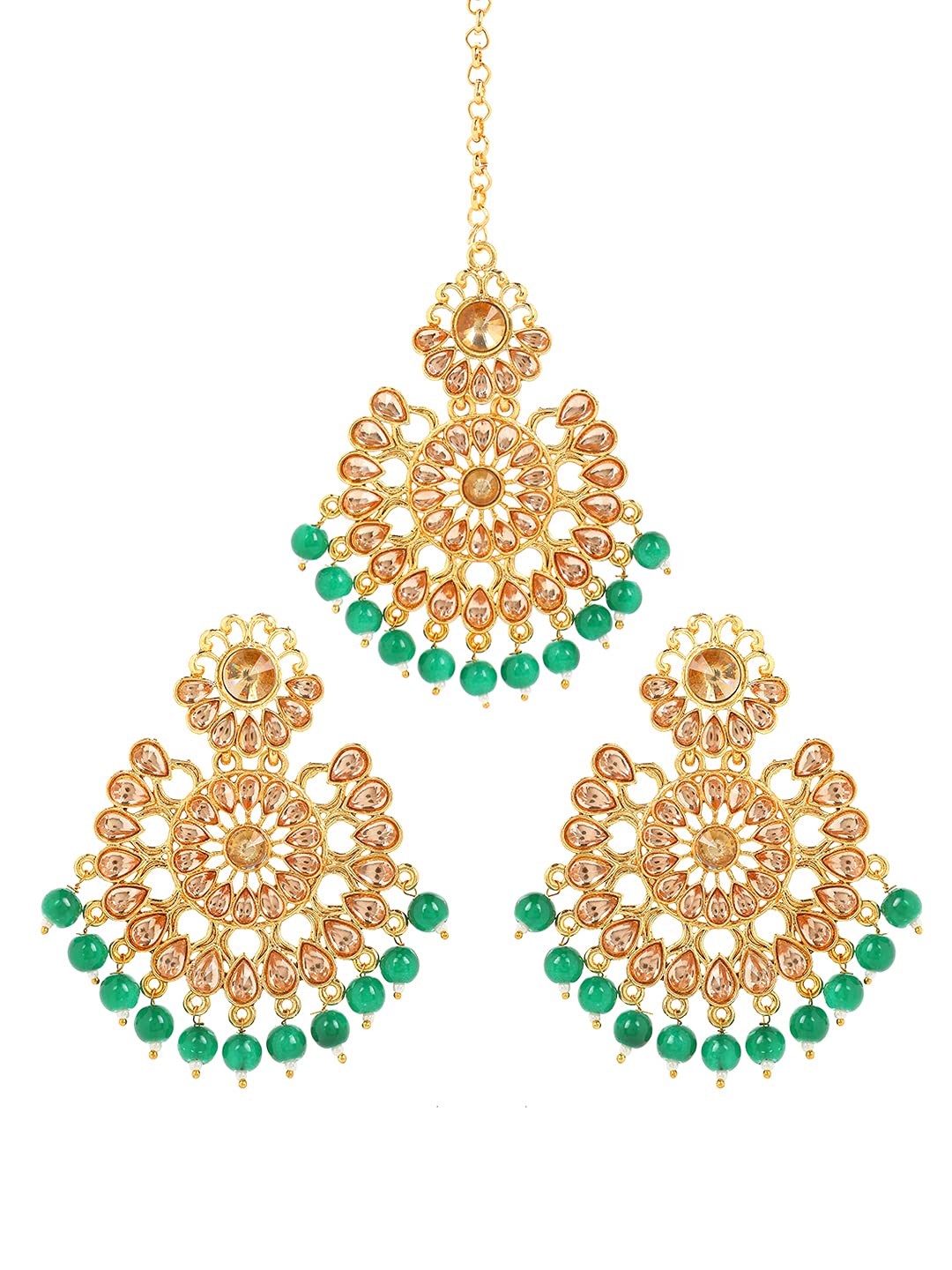 Yellow Chimes Ethnic Gold Plated Traditional Studded Kundan Green Pearl Chandbali Earrings with Maangtikka for Women and Girls, Medium, YCTJER-08FLWBDS-GR