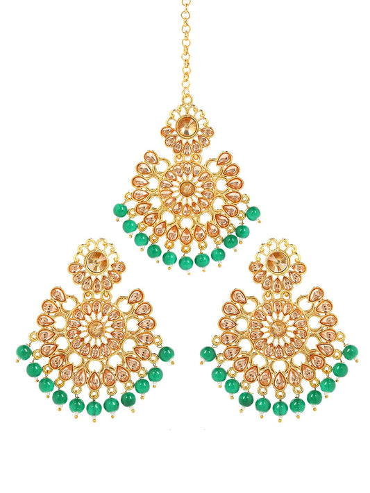 Yellow Chimes Ethnic Gold Plated Traditional Studded Kundan Green Pearl Chandbali Earrings with Maangtikka for Women and Girls, Medium, YCTJER-08FLWBDS-GR