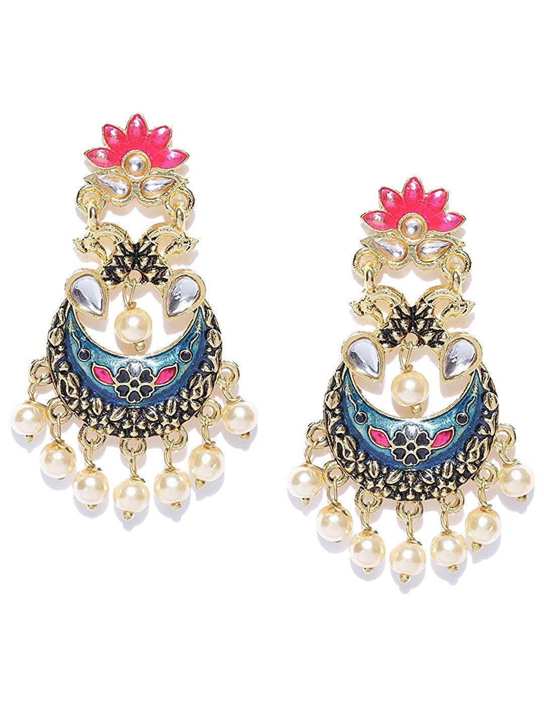 Yellow Chimes Stylish Meenakari Hand Crafted Traditional Gold Plated and Pearl Chand Bali Earrings for Women (Blue; Pink) (YCTJER-KLNG-BL)