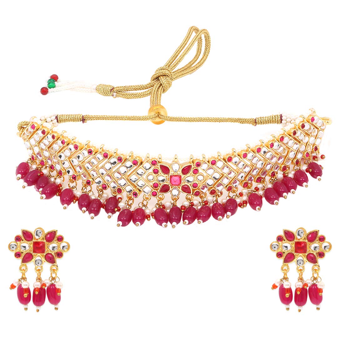 Yellow Chimes Ethnic Handcrafted Pink Kundan Jewellery Set Gold Plated Traditional Choker Necklace Set for women & Girls (Pink)