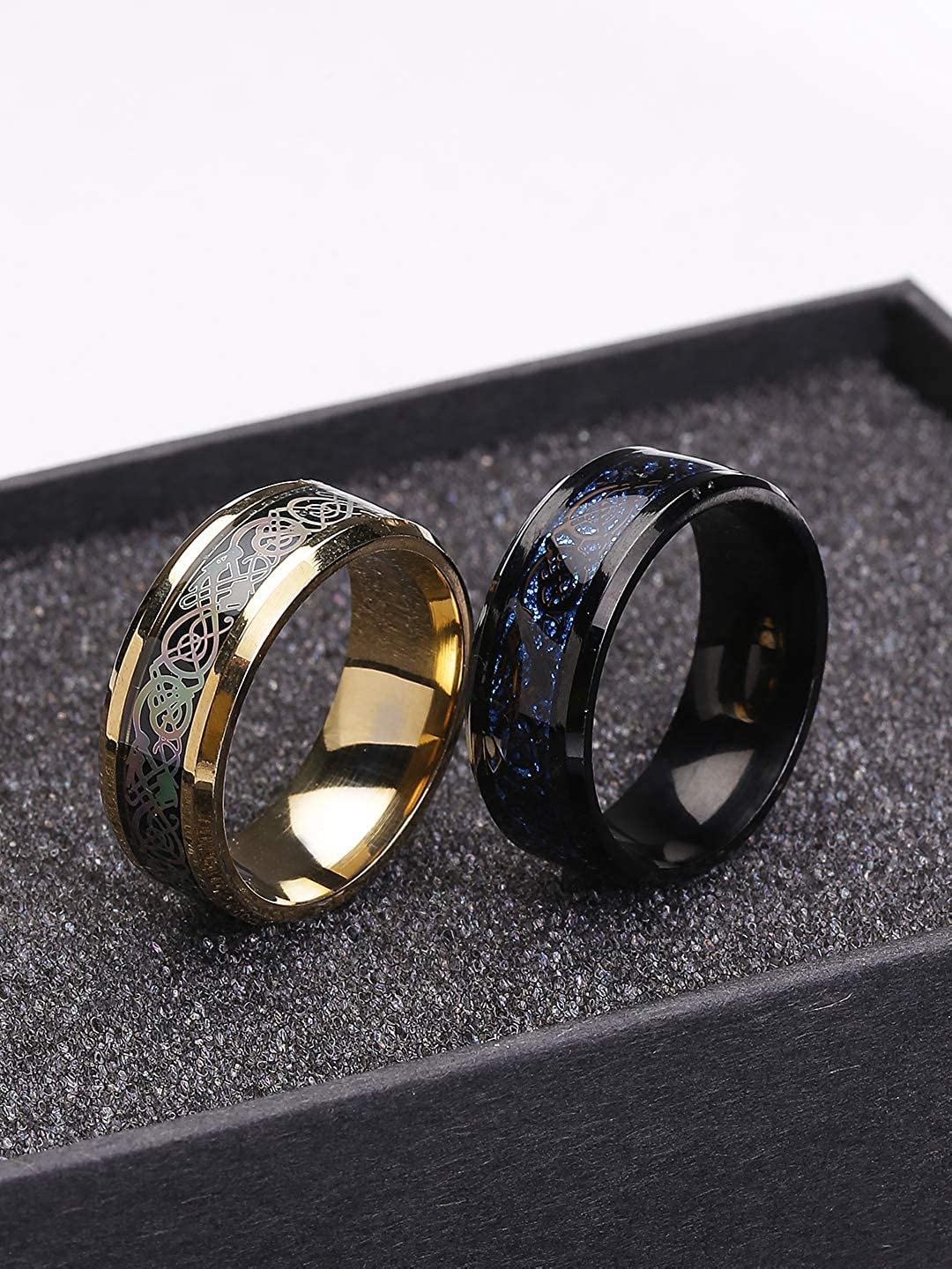 Yellow Chimes 2 Pcs Combo Dragon Celtic Inlay Polish Finish Titanium Steel Gold/Blue Rings for Men & Boys